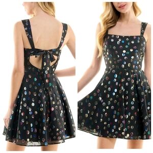 New Womens Juniors Chiffon Polk Dot Fit & Flare Dress Black 3/4